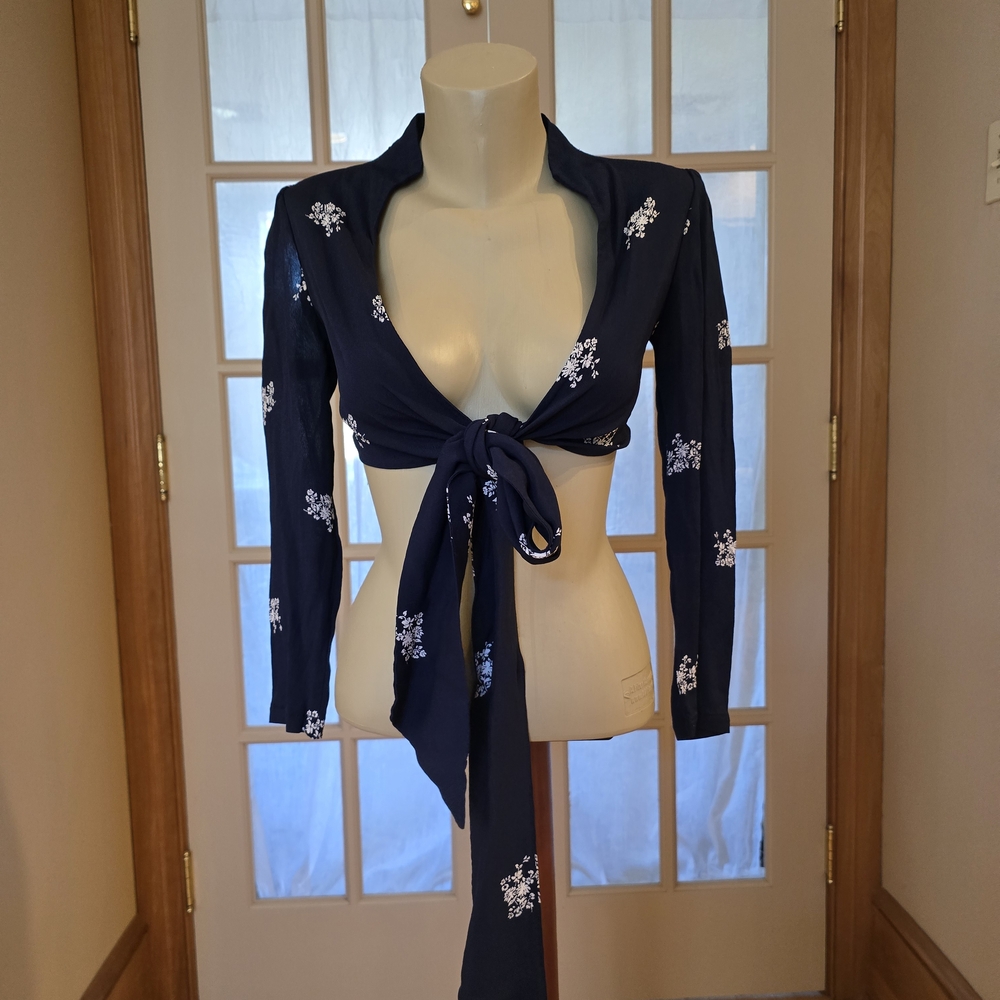 Reformation Romantic Navy Blue Floral Tie-Front Layering Top